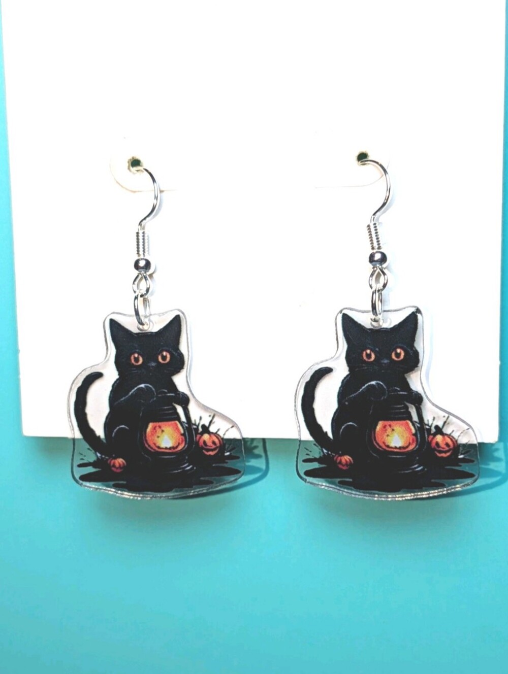 Hand Crafted Black Cat Lantern Earrings with Orange Glow